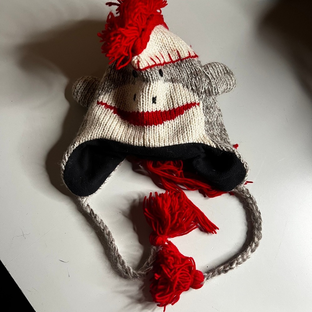 Sock Monkey Knit Trapper Hat Mohawk Red Gray Fleece Lined Winter Beanie